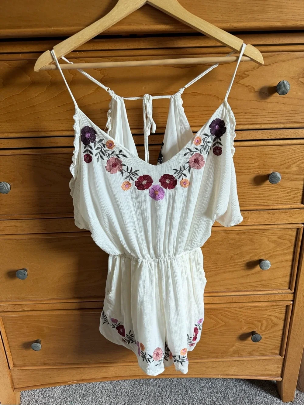 Floral Cream Ivory Open Shoulder Romper Womens Size Small Bohemian Festival